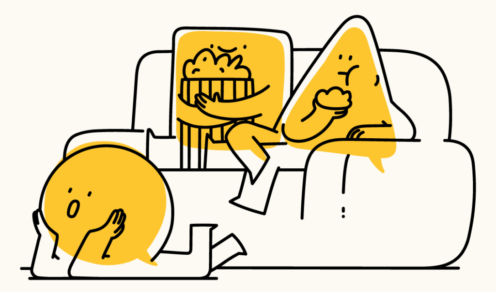 Hero section illustration with characters sitting on couch, eating popcorns watching movie.