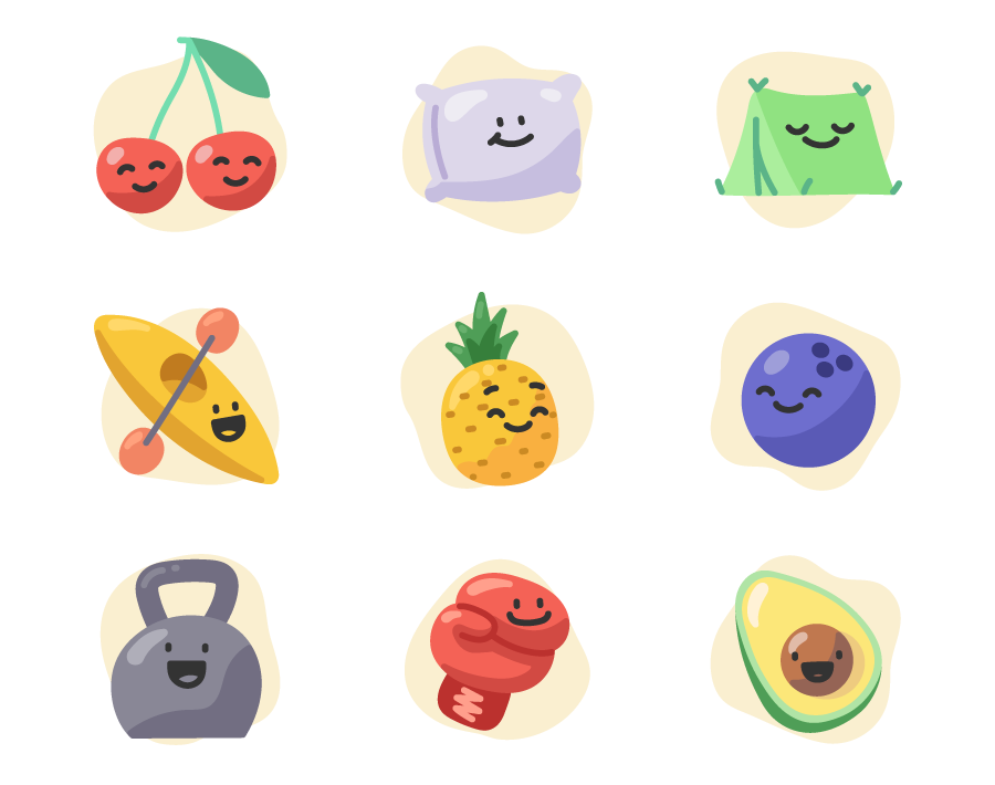 Happy and fun fitness app icons. Cheries, pillow, tent, kayak, pineapple, bowling ball, kettle bell, boxing glove and avocado.