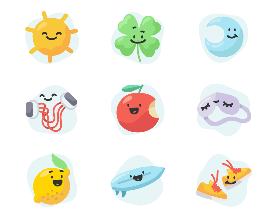 Happy and fun fitness app icons. Sun, Four-leaf clover, Moon, Apple, Lemon, Surf board, running sneakers.
