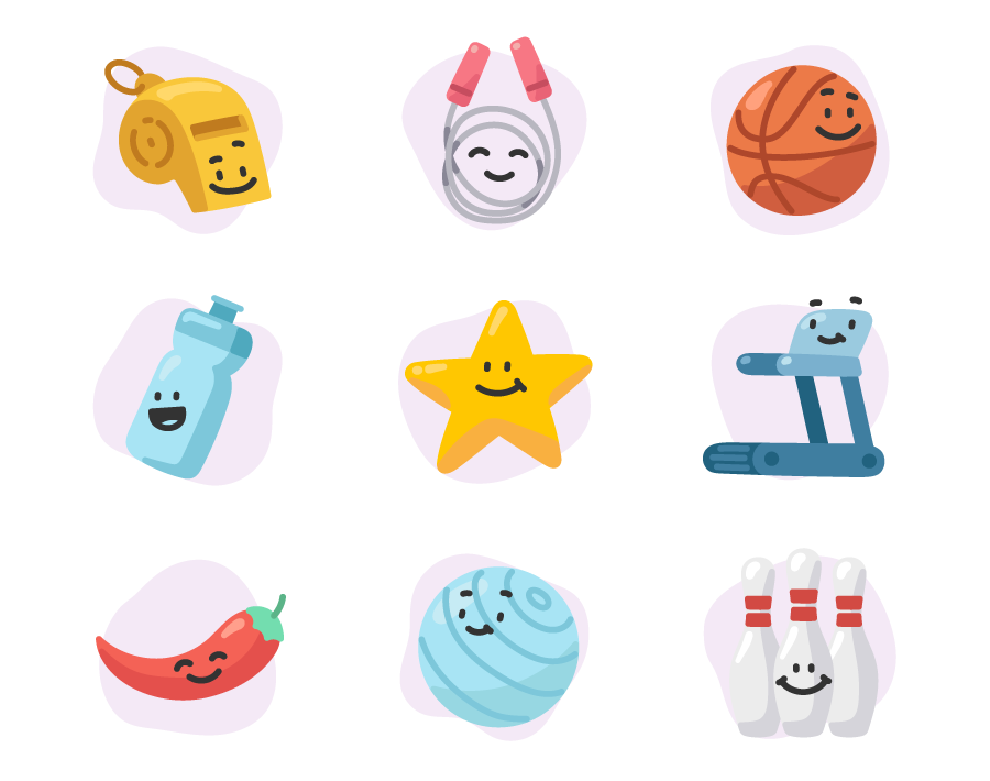 Happy and fun fitness app icons. Whistle, jumping rope, basketball, water bottle, star, running machine, hot pepper, pilates yoga ball, bowling pins.